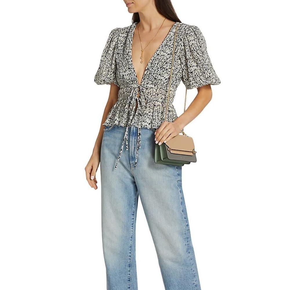 ASTR The Label Floral Bubble Puff Sleeve Blouse With Ties